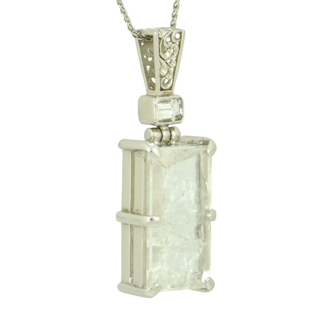Quartz Angelic Reflections Pendant, Rectangle Cut, set in Sterling Silver plated in White Rhodium