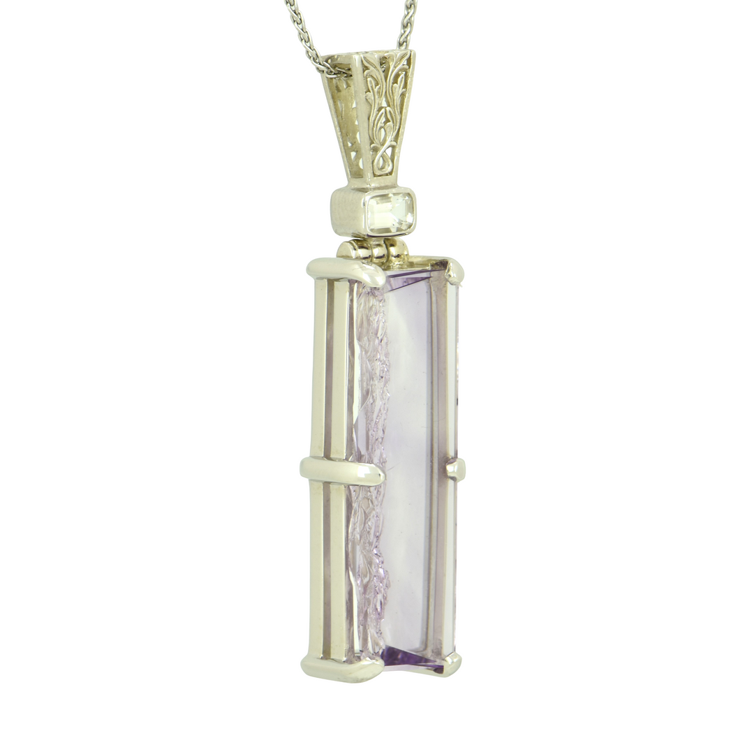 Lavender De Fleur Amethyst Angelic Reflections Pendant, Rectangle Cut, set in Sterling Silver plated in White Rhodium
