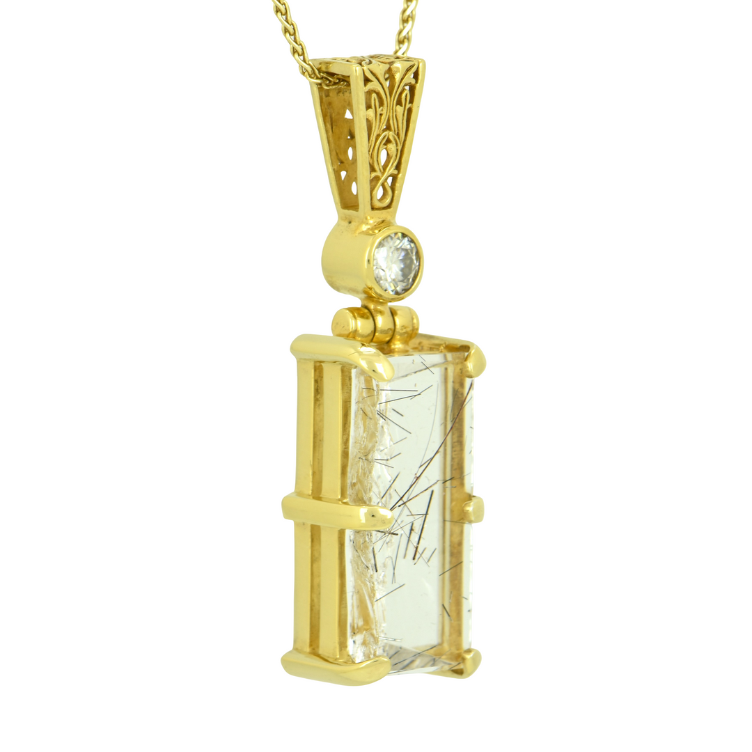 Black Rutilated Quartz Angelic Reflections Pendant, Rectangle Cut, set in Sterling Silver plated in Yellow Gold