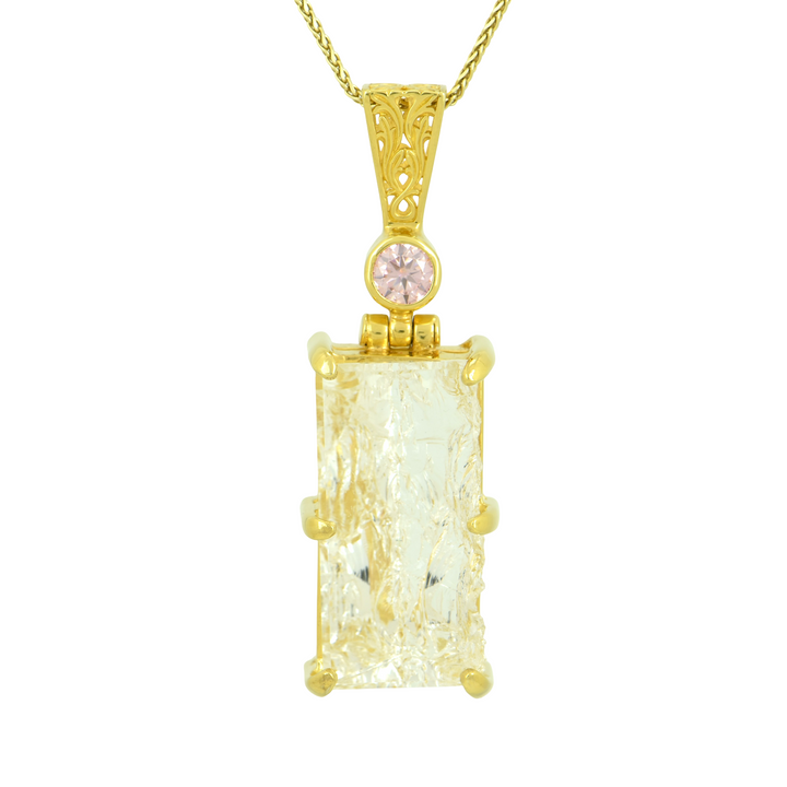 Clear Quartz Angelic Reflections Pendant, Rectangle Cut, set in Sterling Silver plated in Yellow Gold