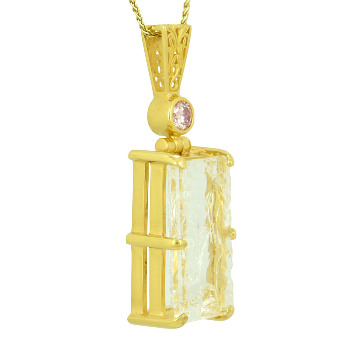 Clear Quartz Angelic Reflections Pendant, Rectangle Cut, set in Sterling Silver plated in Yellow Gold