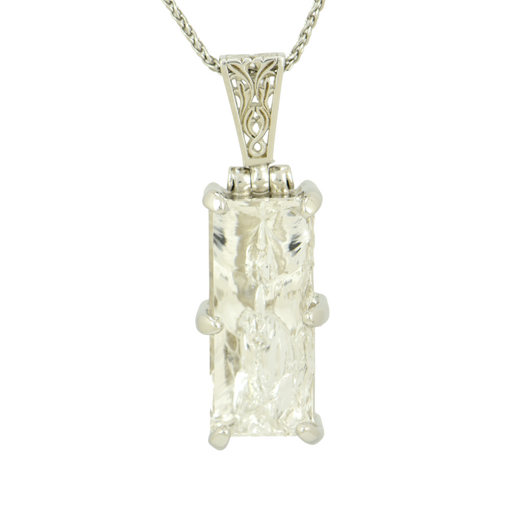 Quartz Angelic Reflections Pendant, Rectangle Cut, set in Sterling Silver plated in White Rhodium