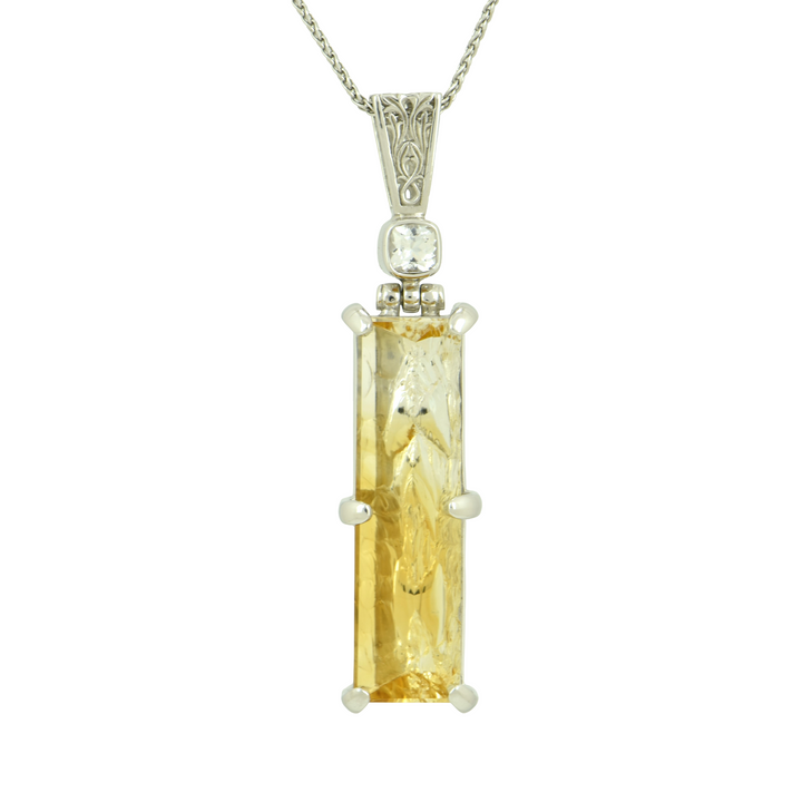 Citrine Angelic Reflection Pendant, Rectangle Cut, set in Sterling Silver plated in White Rhodium
