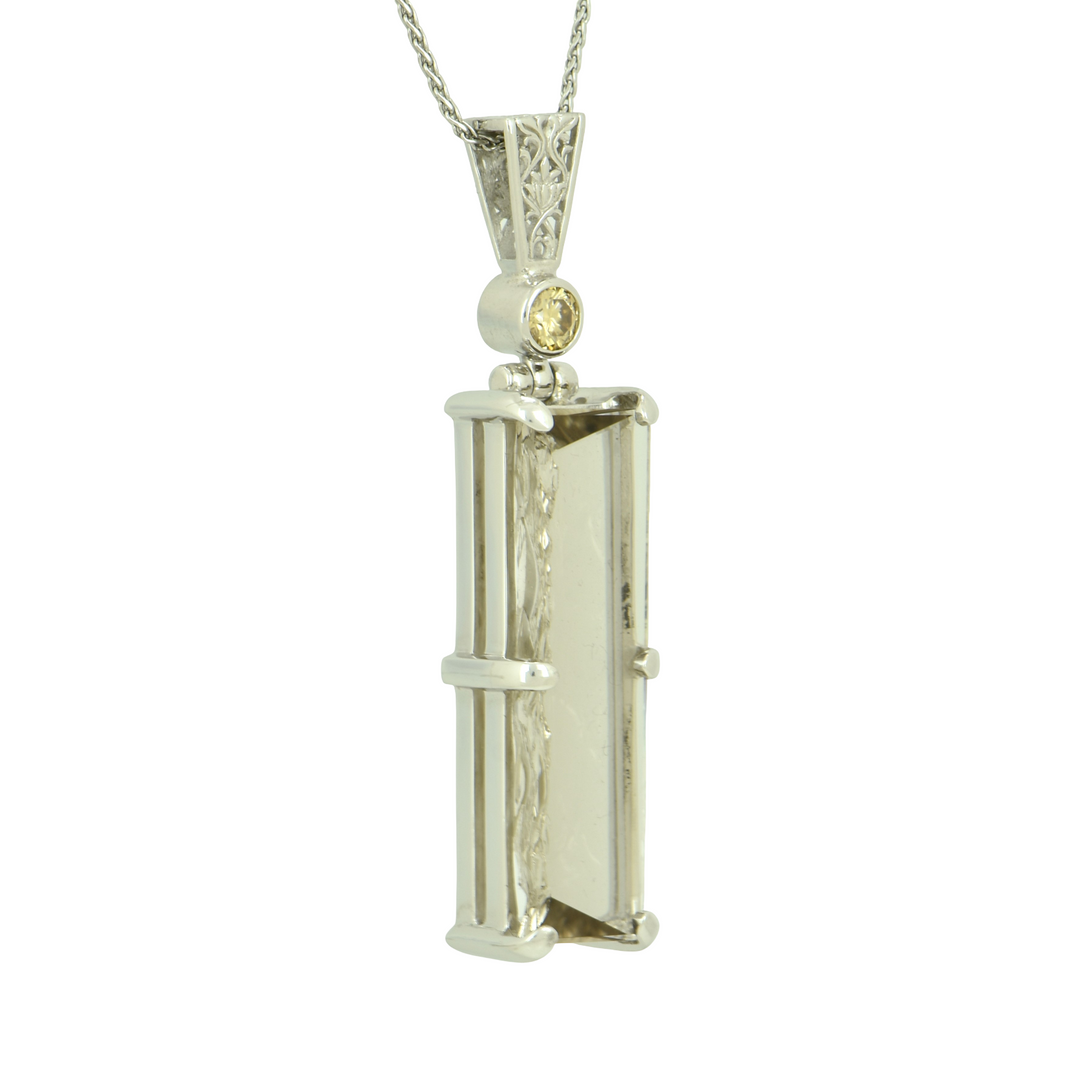 Smokey Quartz Angelic Reflections Pendant, Rectangle Cut, set in Sterling Silver plated in White Rhodium