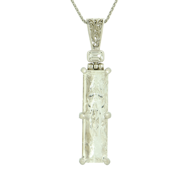 Quartz Angelic Reflections Pendant, Rectangle Cut, set in Sterling Silver plated in White Rhodium