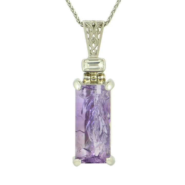 Lavender De Fleur Amethyst Angelic Reflections Pendant, Rectangle Cut, set in Sterling Silver plated in White Rhodium