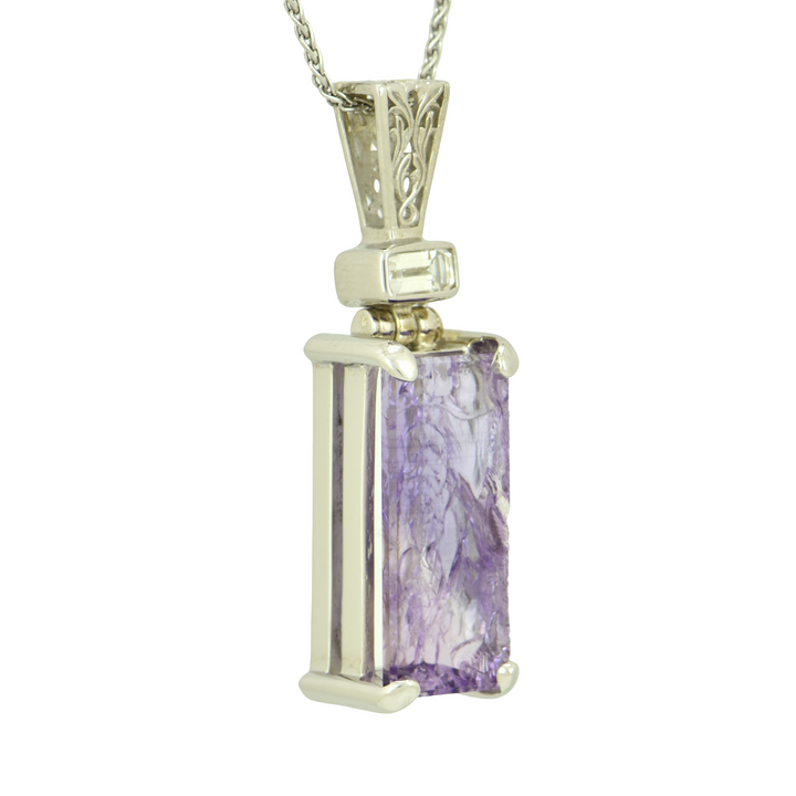 Lavender De Fleur Amethyst Angelic Reflections Pendant, Rectangle Cut, set in Sterling Silver plated in White Rhodium