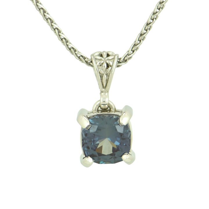 Alexandrite Chrysoberyl Pendant, Square Cut, set in Sterling Silver plated in White Rhodium