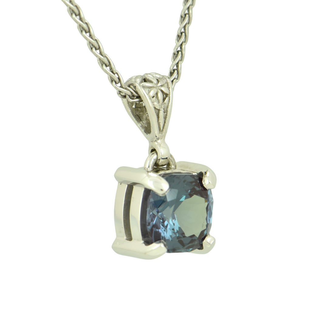 Alexandrite Chrysoberyl Pendant, Square Cut, set in Sterling Silver plated in White Rhodium