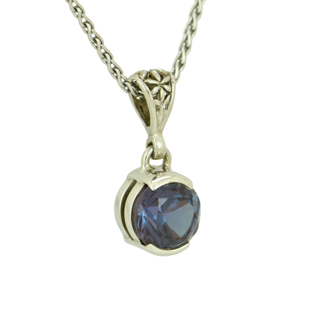 Alexandrite Chrysoberyl Pendant, Round Cut, set in Sterling Silver plated in White Rhodium
