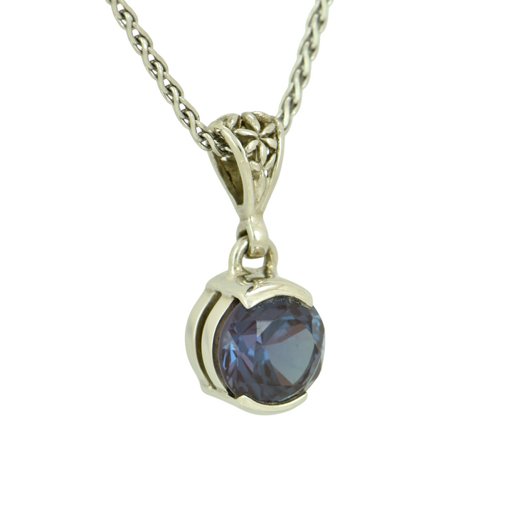 Alexandrite Chrysoberyl Pendant, Round Cut, set in Sterling Silver plated in White Rhodium