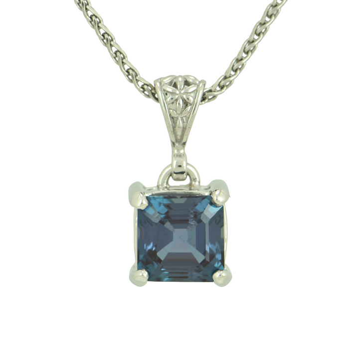 Alexandrite Chrysoberyl Pendant, Asscher Cut, set in Sterling Silver plated in White Rhodium