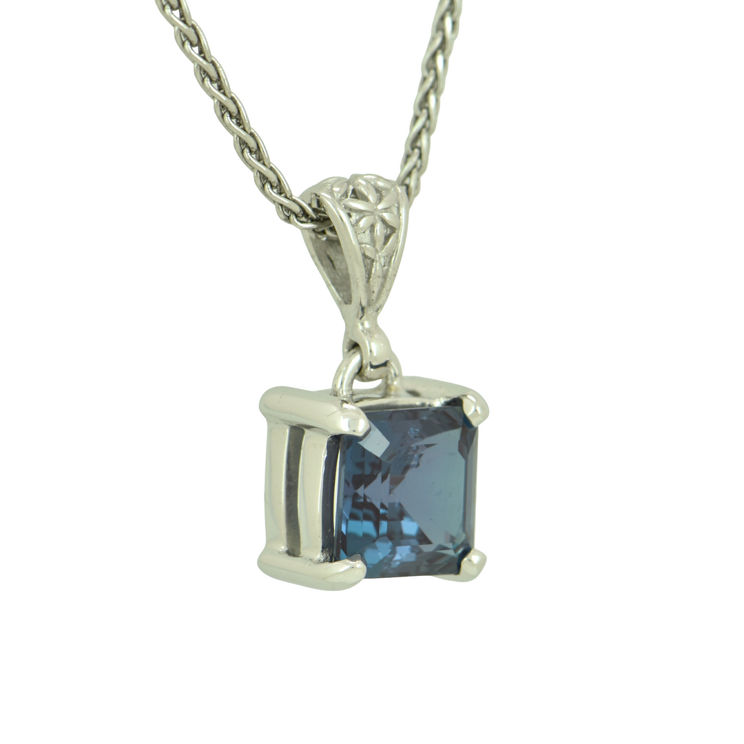Alexandrite Chrysoberyl Pendant, Asscher Cut, set in Sterling Silver plated in White Rhodium