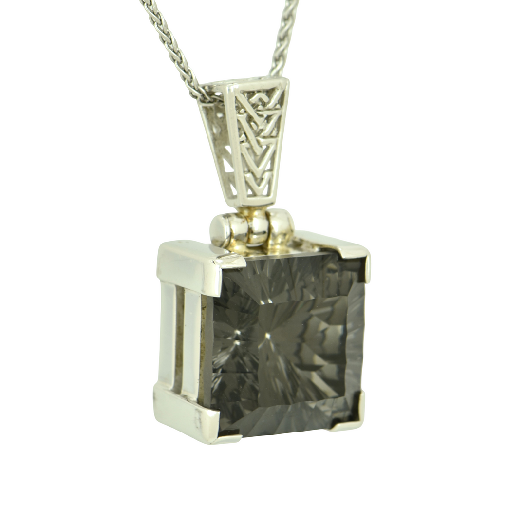 Midnight Mystic Quartz Pendant, Square Cut, set in Sterling Silver plated in White Rhodium