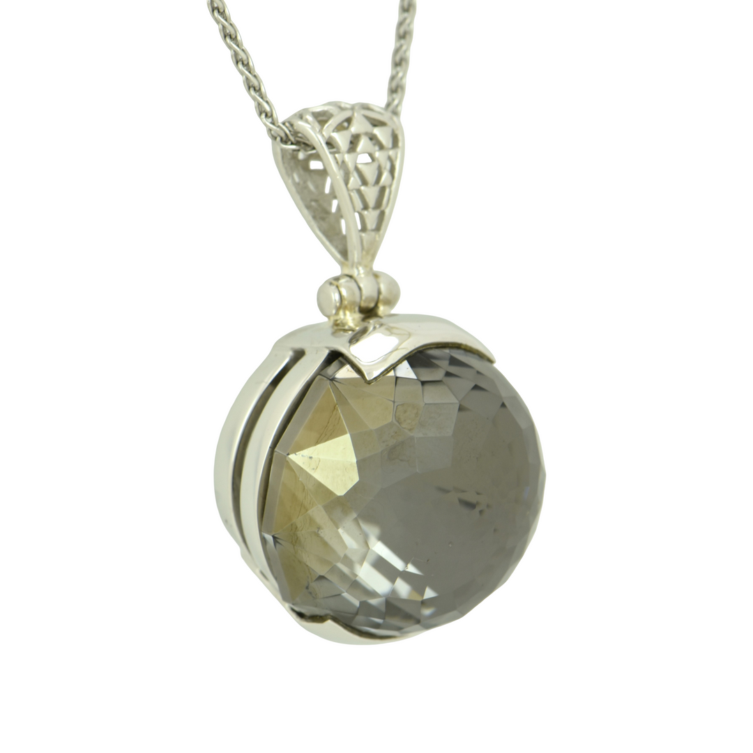 Midnight Mystic Quartz Pendant, Round Yin Yang Cut, set in Sterling Silver plated in White Rhodium