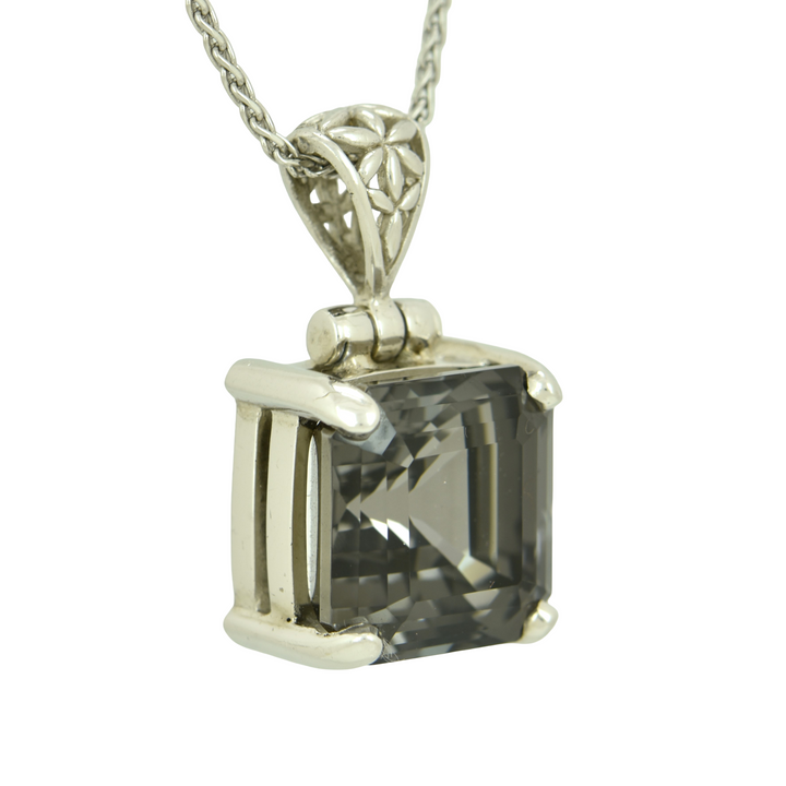 Midnight Mystic Quartz Pendant, Asscher Cut, set in Sterling Silver plated in White Rhodium