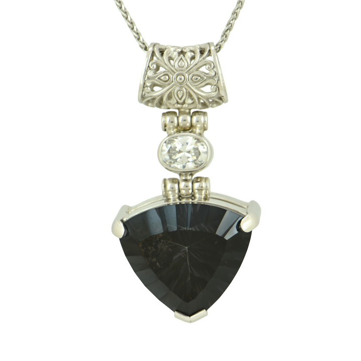 Midnight Mystic Quartz Pendant, Trillion Cut, set in Sterling Silver plated in White Rhodium