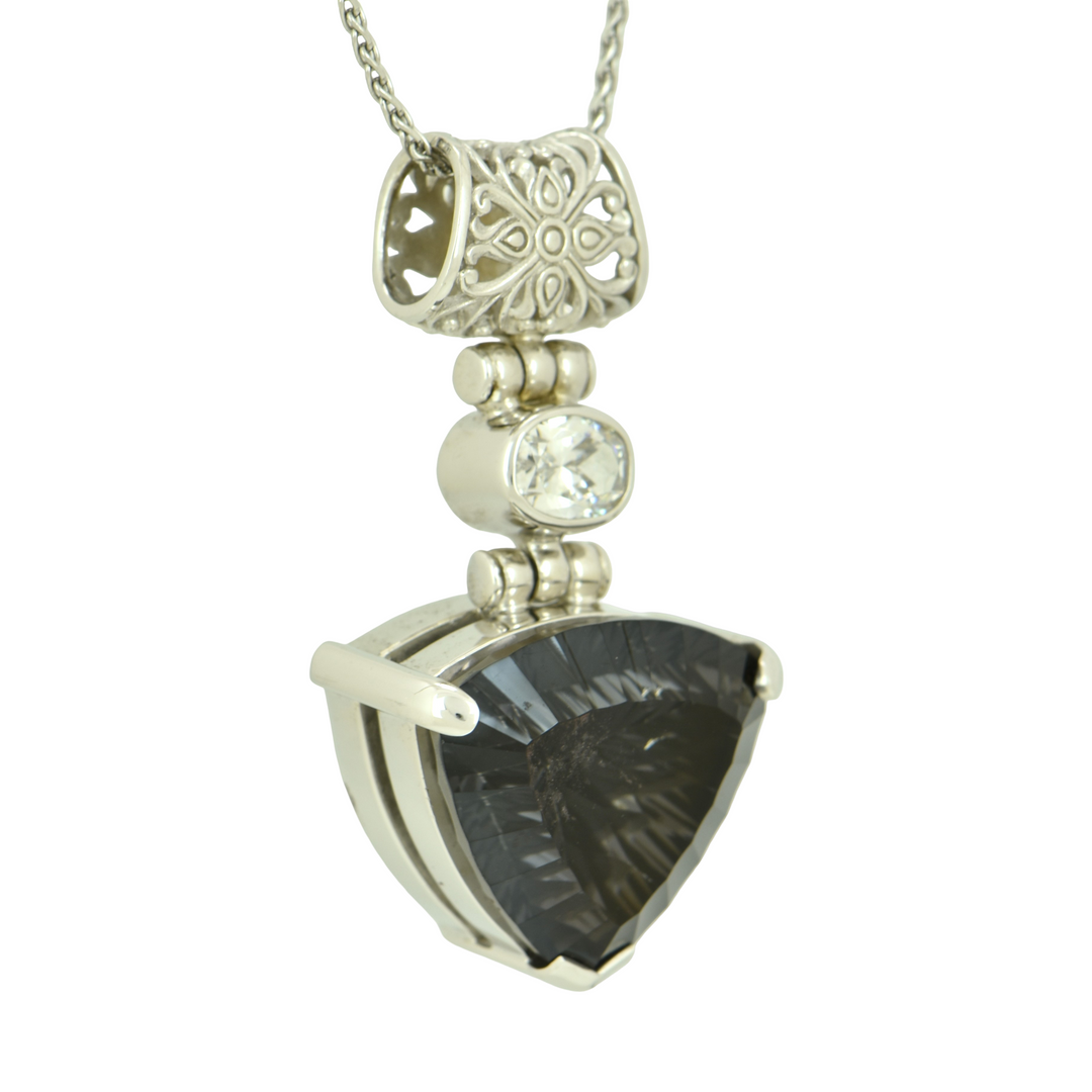 Midnight Mystic Quartz Pendant, Trillion Cut, set in Sterling Silver plated in White Rhodium