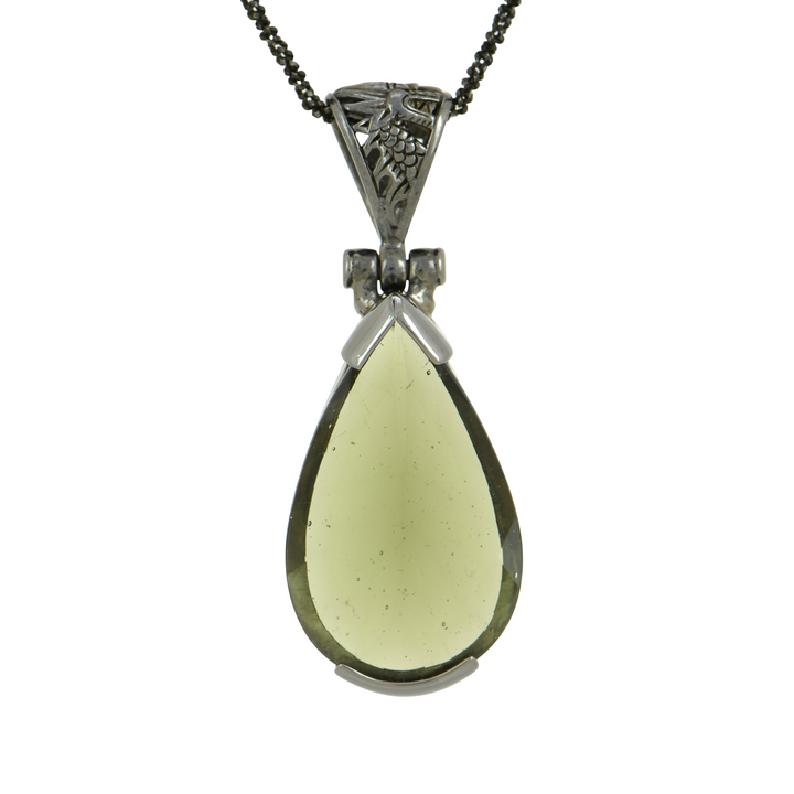 Moldavite Pendant, Pear Cut, set in Sterling Silver plated in Black Rhodium