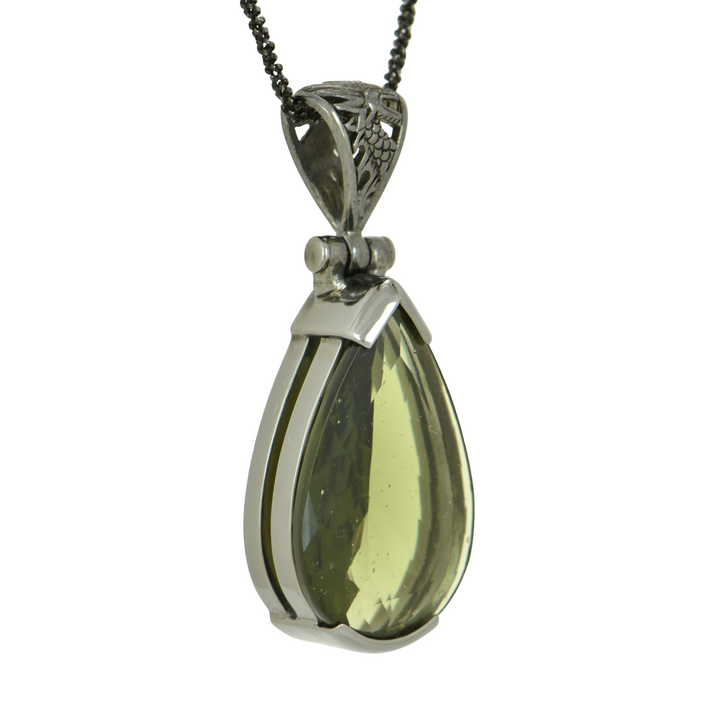 Moldavite Pendant, Pear Cut, set in Sterling Silver plated in Black Rhodium