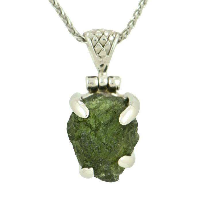 Moldavite Pendant, set in Sterling Silver plated in White Rhodium