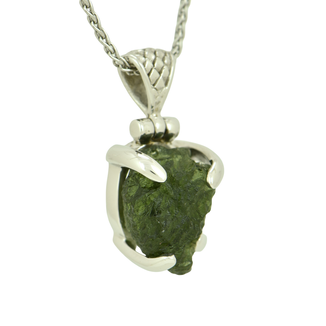 Moldavite Pendant, set in Sterling Silver plated in White Rhodium