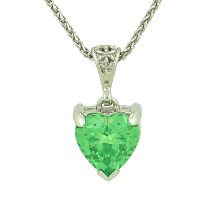 YAG Tsavorite Garnet Pendant, Heart-Shaped, set in Sterling Silver plated in White Rhodium