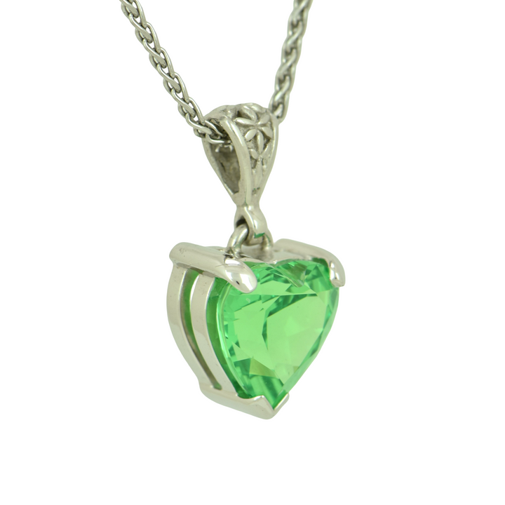 YAG Tsavorite Garnet Pendant, Heart-Shaped, set in Sterling Silver plated in White Rhodium