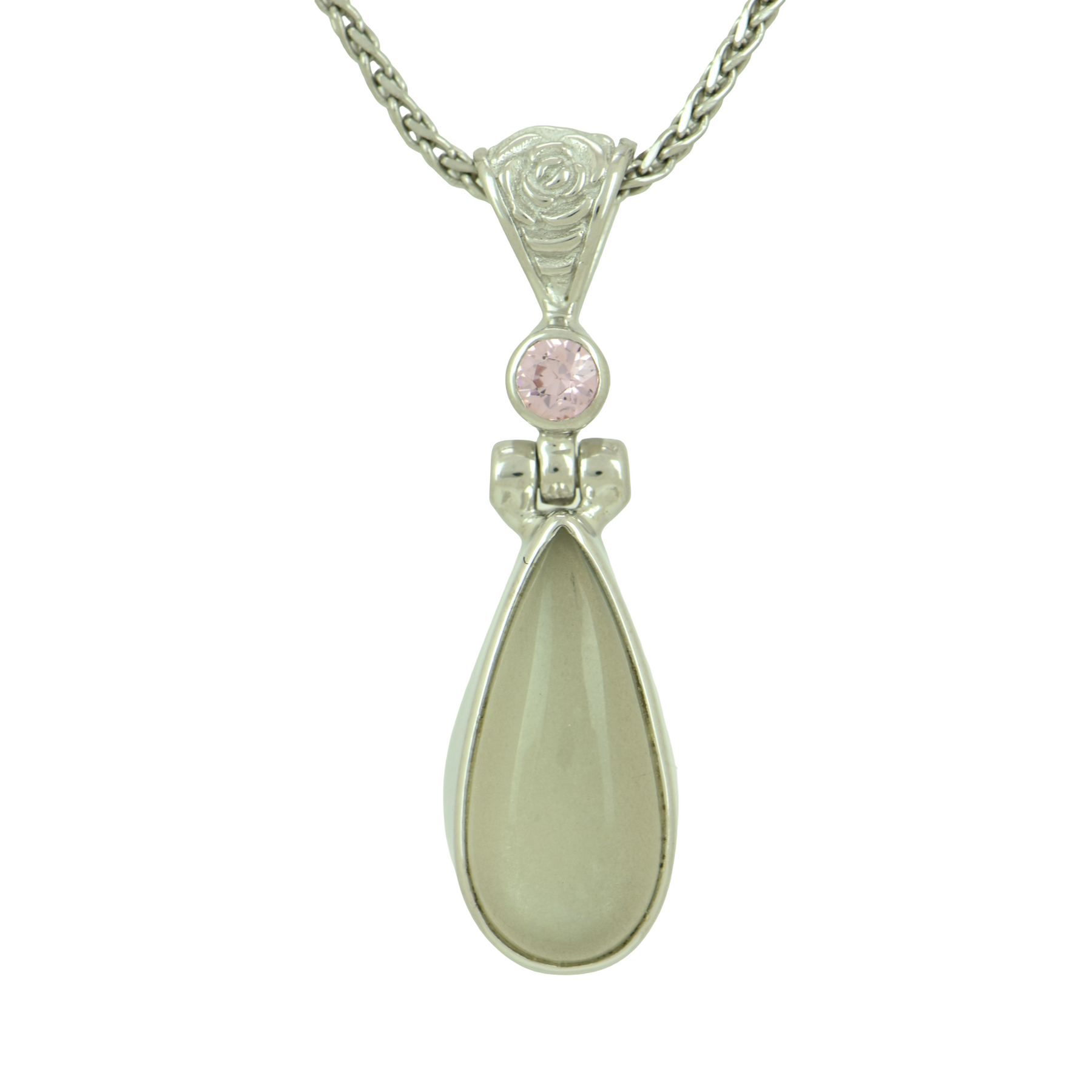 Teardrop moonstone pendant with a small round pink accent stone set in sterling silver with a floral engraved bail on a wheat chain