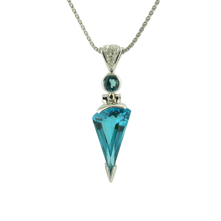 Blue Green Obsidian Pendant, Fan Cut, set in Sterling Silver plated in White Rhodium