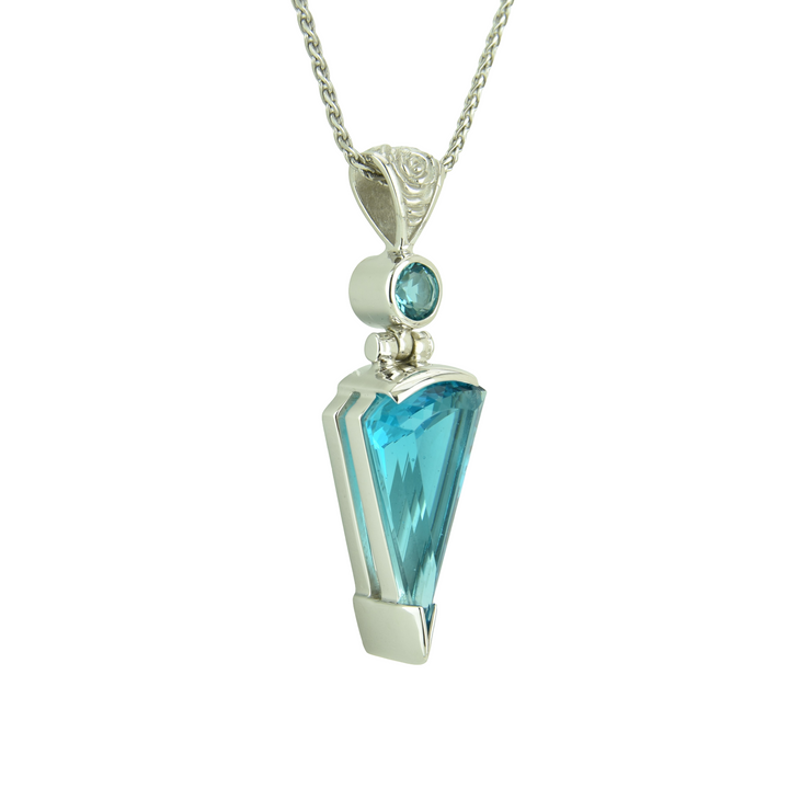Blue Green Obsidian Pendant, Fan Cut, set in Sterling Silver plated in White Rhodium
