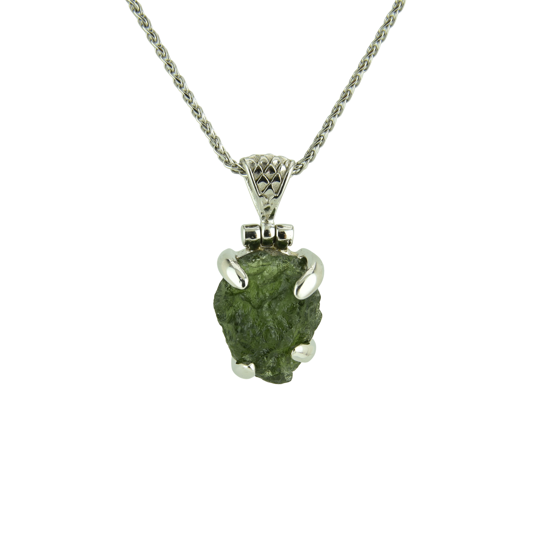 Raw Moldavite pendant, a grounding stone with sacred geometry patterns that carries rare crystals’ energy clearing properties, aiding personal transformation and spiritual realms connection.
