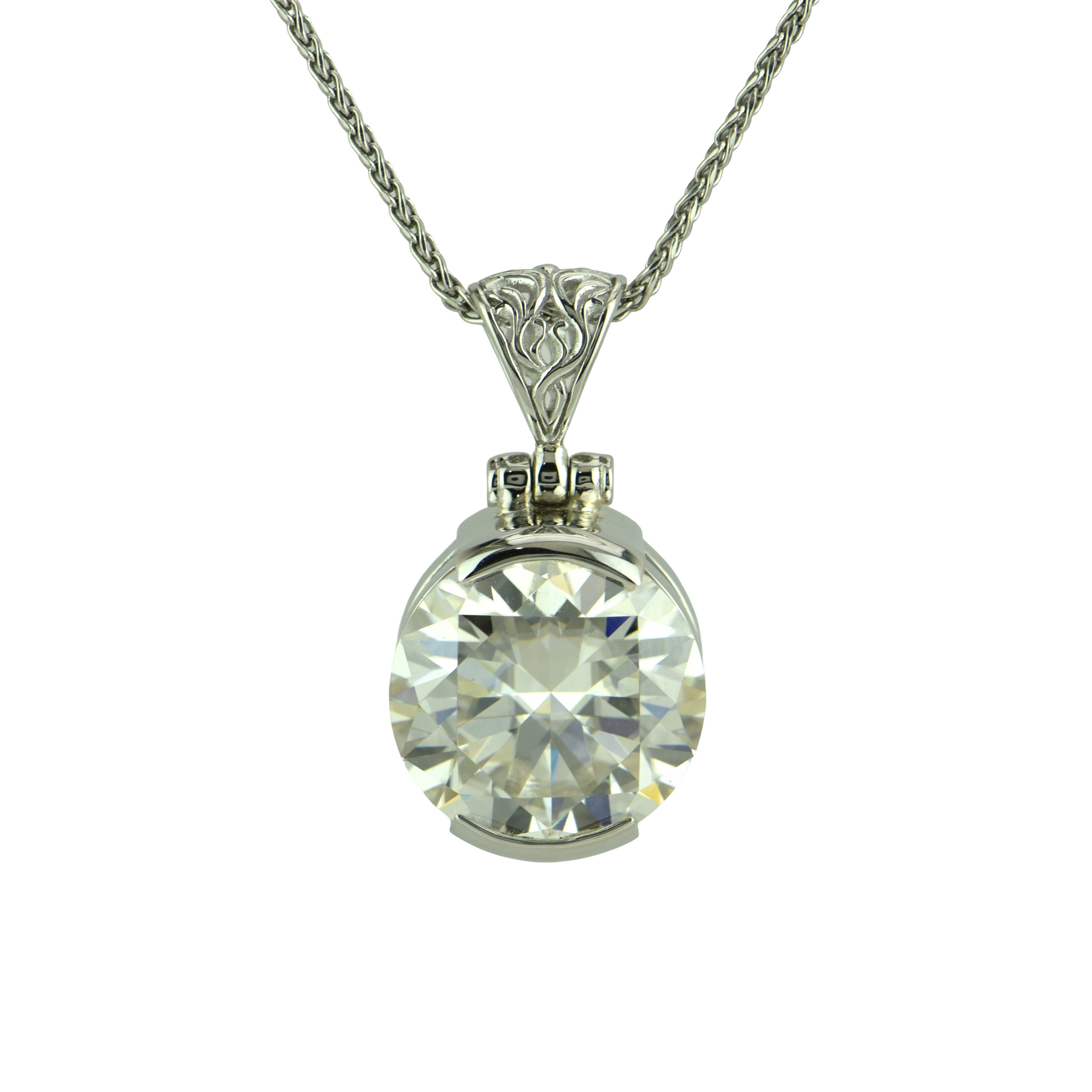 White moissanite pendant jewelry with an absolutely colorless round stone that reflects light like a high quality diamond or a one carat diamond.
