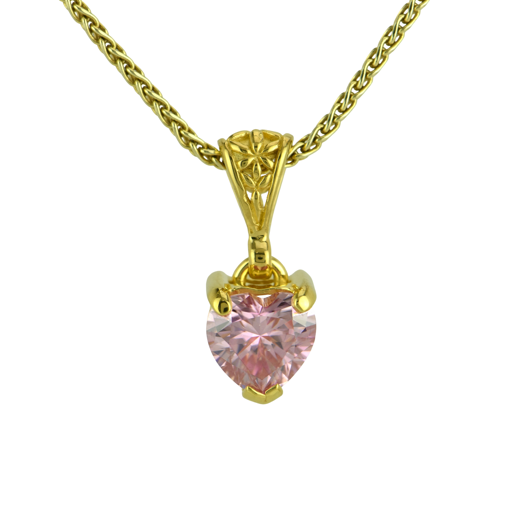 Pink moissanite pendant jewelry piece with a heart cut stone made from silicon carbide, showing strong moissanite clarity and high clarity grades.