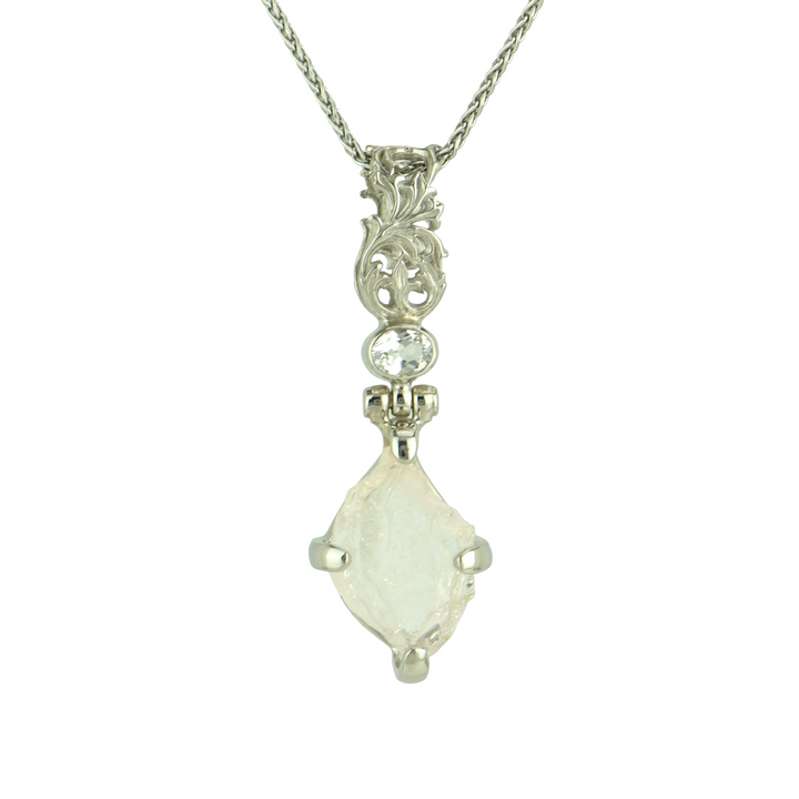 Raw Cut Morganite Pendant, set in Sterling Silver plated in White Rhodium