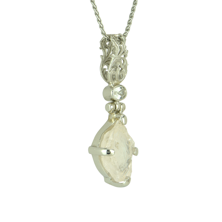 Raw Cut Morganite Pendant, set in Sterling Silver plated in White Rhodium