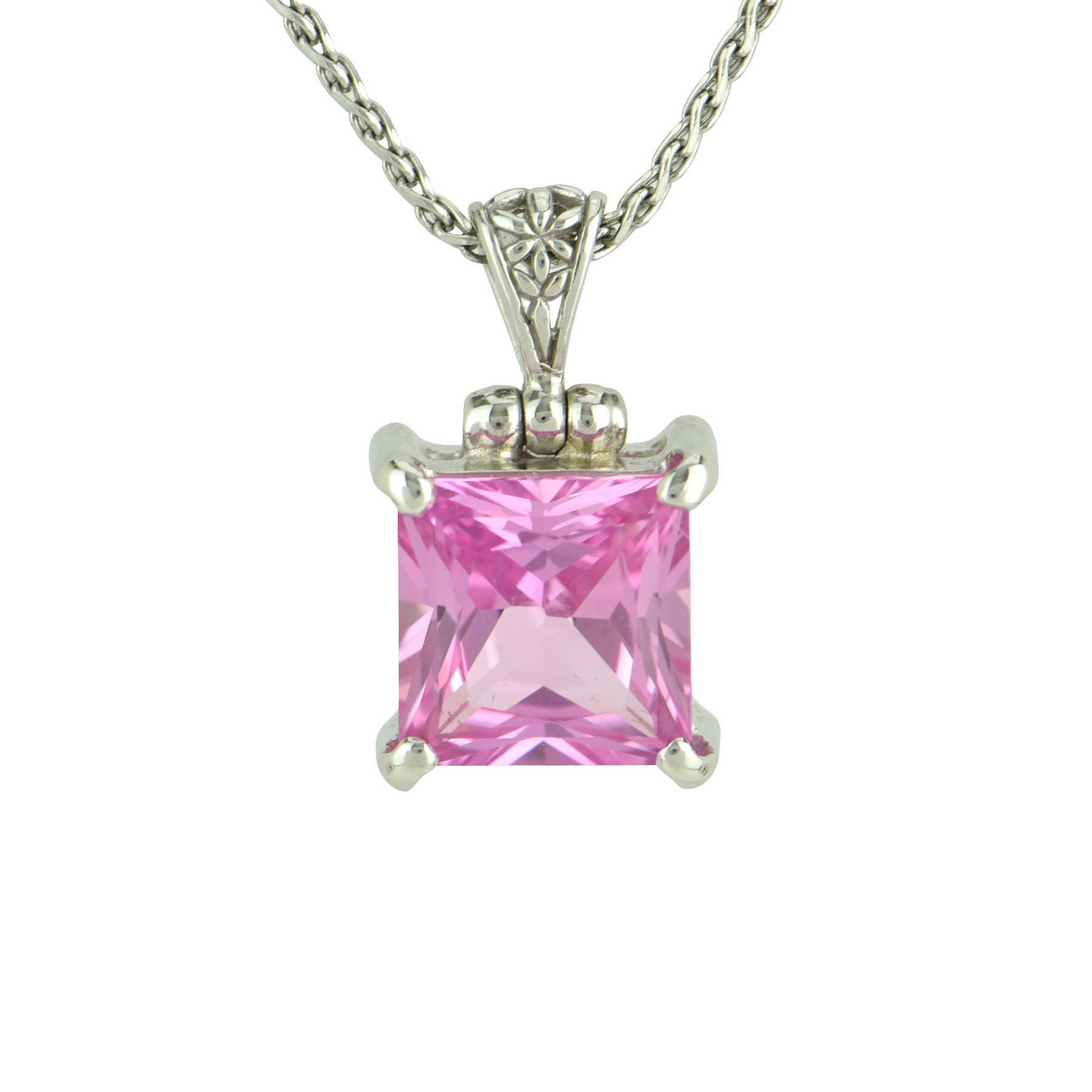 Shasta Pink Sapphire pendant in silver, a luminous pink gemstone that reflects light and offers gentle support during depressed emotional states