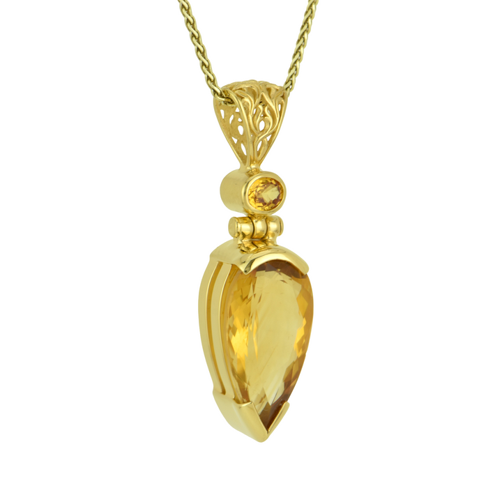 Pear Cut Citrine Pendant, set in Sterling Silver plated in Yellow Gold