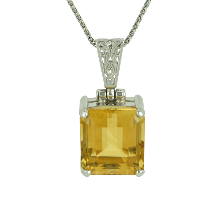 Emerald Cut Citrine Pendant, set in Sterling Silver plated in White Rhodium