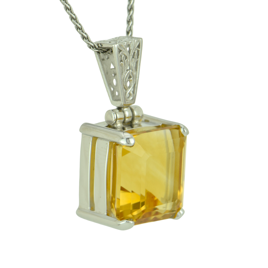 Emerald Cut Citrine Pendant, set in Sterling Silver plated in White Rhodium
