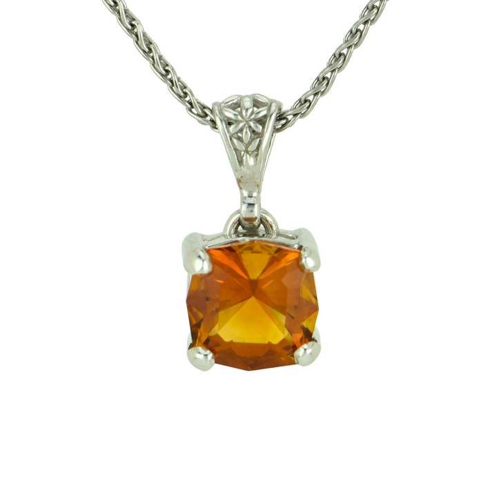 Cushion Cut Citrine Pendant, set in Sterling Silver plated in White Rhodium