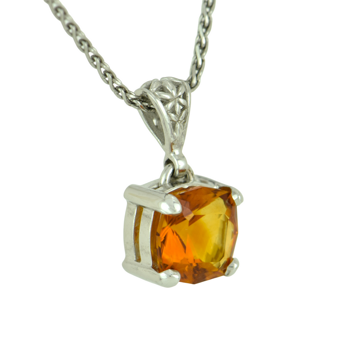 Cushion Cut Citrine Pendant, set in Sterling Silver plated in White Rhodium