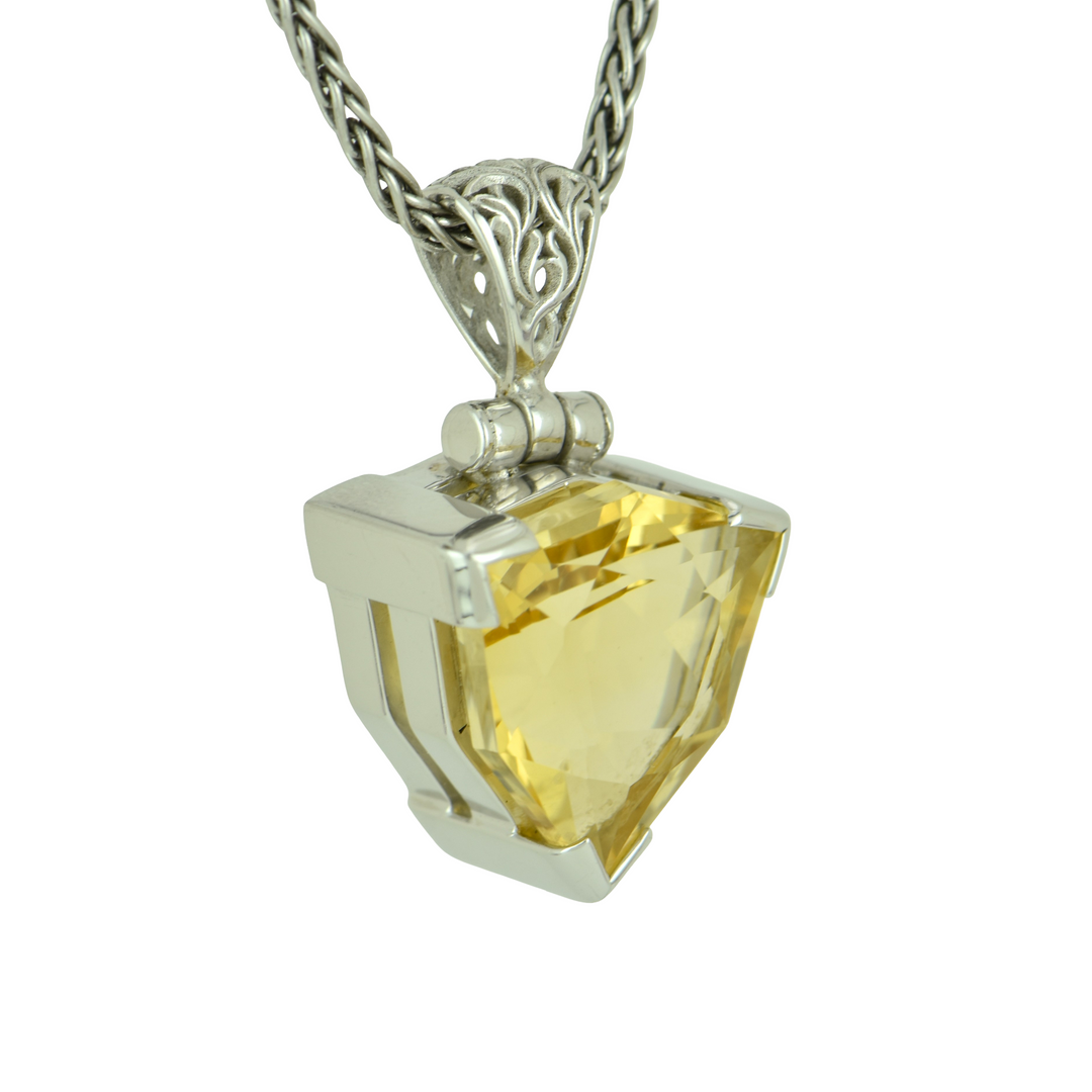 Trillion Citrine Pendant, set in Sterling Silver plated in White Rhodium