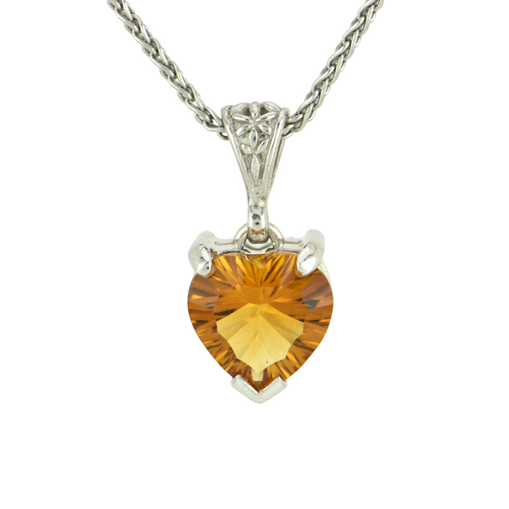 Heart-Shaped Citrine Pendant, set in Sterling Silver plated in White Rhodium