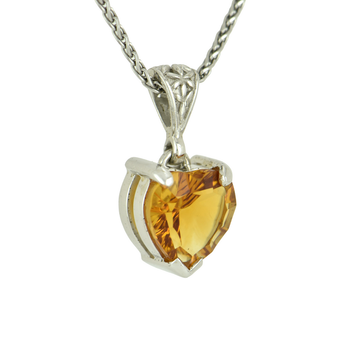 Heart-Shaped Citrine Pendant, set in Sterling Silver plated in White Rhodium