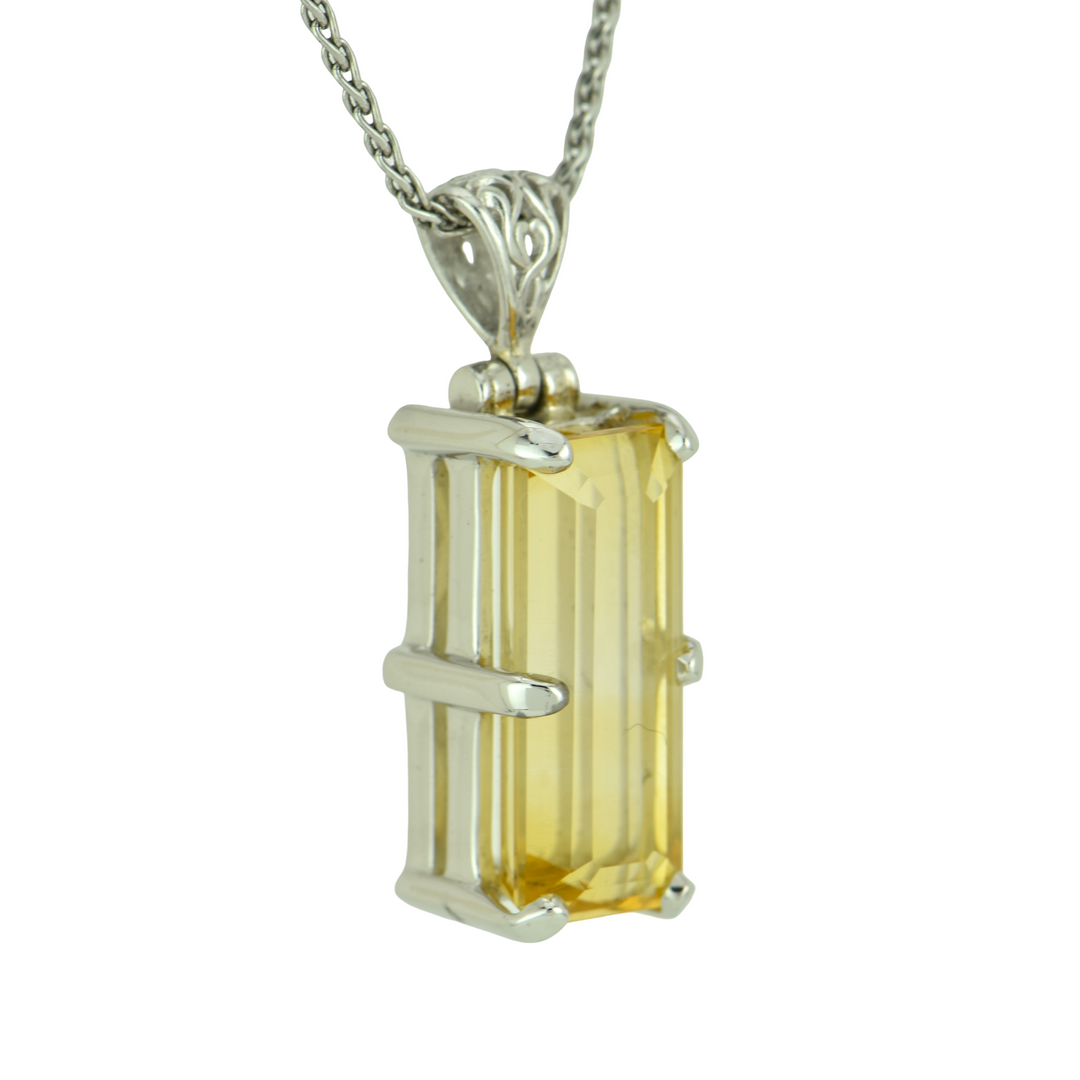Emerald Cut Citrine Pendant, set in Sterling Silver plated in White Rhodium