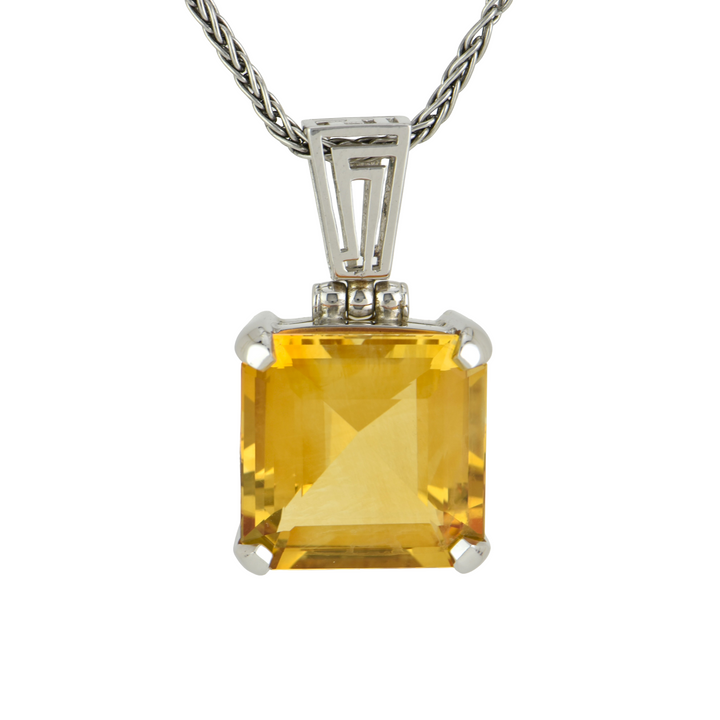 Cushion Cut Citrine Pendant, set in Sterling Silver plated in White Rhodium