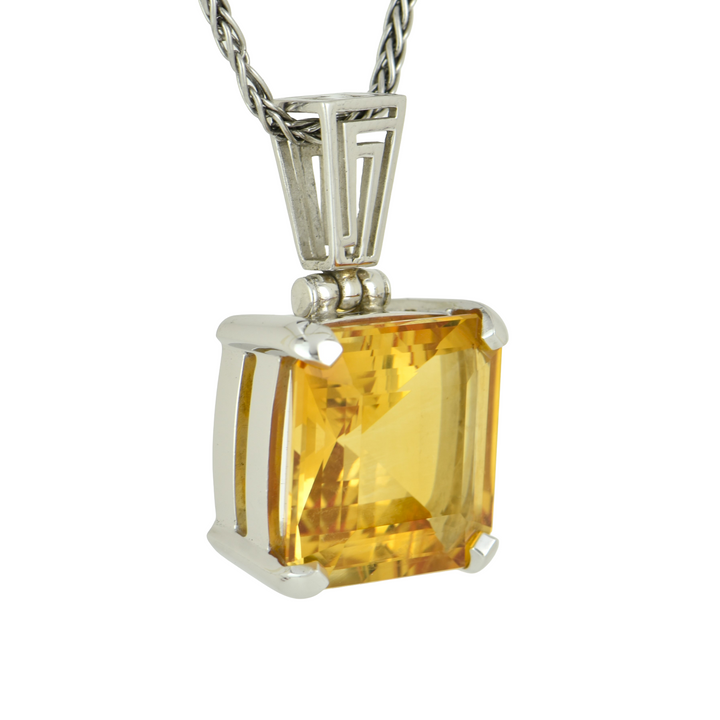Cushion Cut Citrine Pendant, set in Sterling Silver plated in White Rhodium