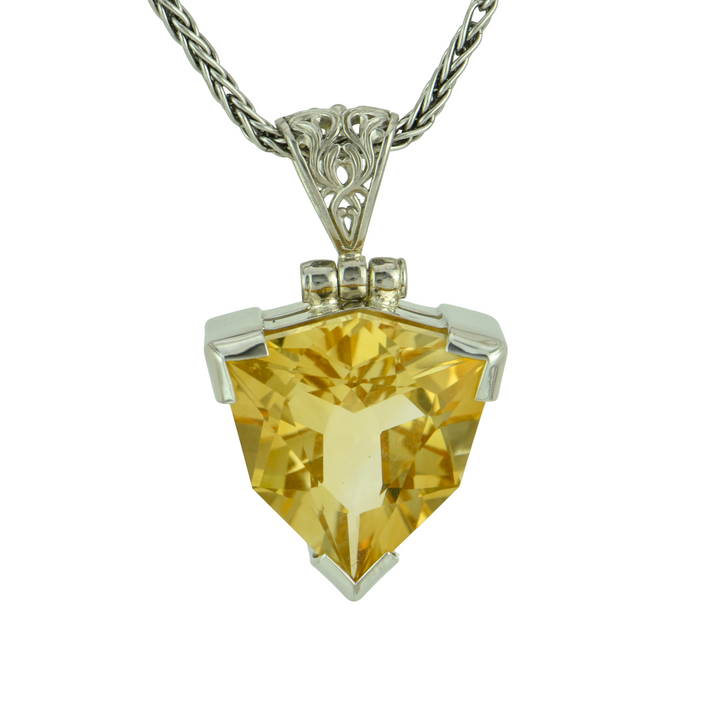 Trillion Citrine Pendant, set in Sterling Silver plated in White Rhodium