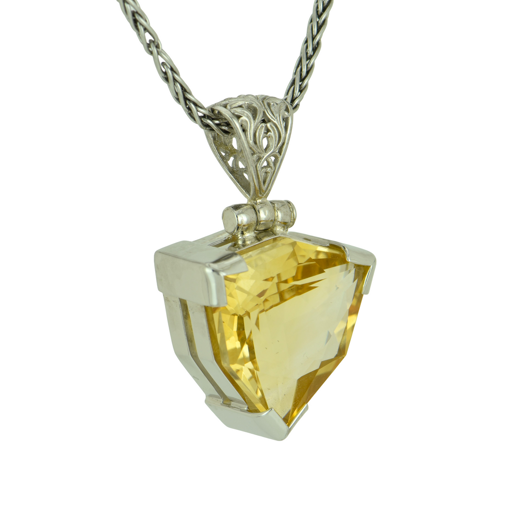 Trillion Citrine Pendant, set in Sterling Silver plated in White Rhodium